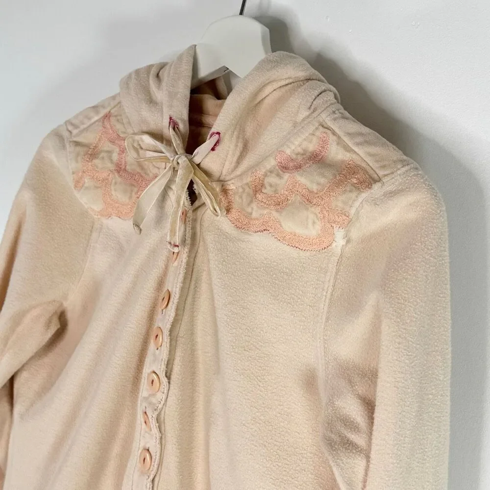 Free People Peach Floral Embroidered Pull-Over Hoodie Velvet Accents Medium Weig